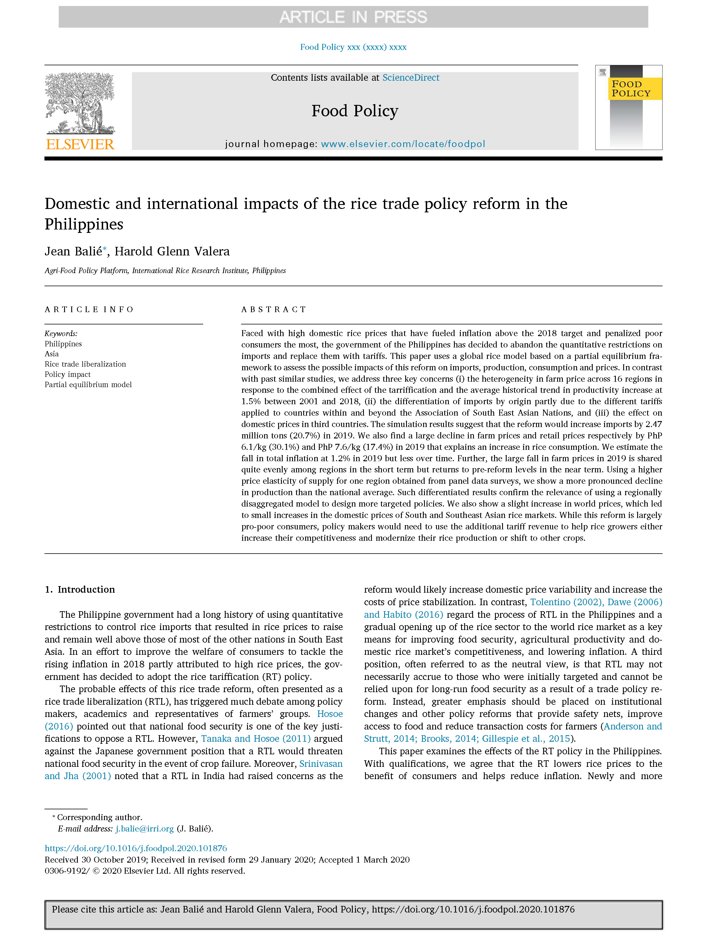 Domestic and international impacts of the rice trade policy reform in the Philippines